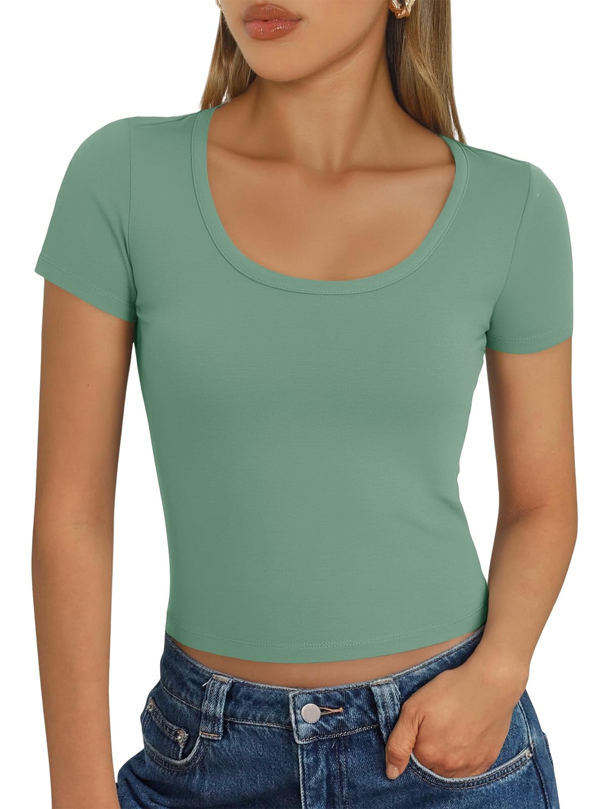 Cuptacc Tshirt Damen Kurzarm U Ausschnitt Oberteile Slim Fit Basic Shirt Damen Elegant T-Shirt Sommer Stretch Crop Top