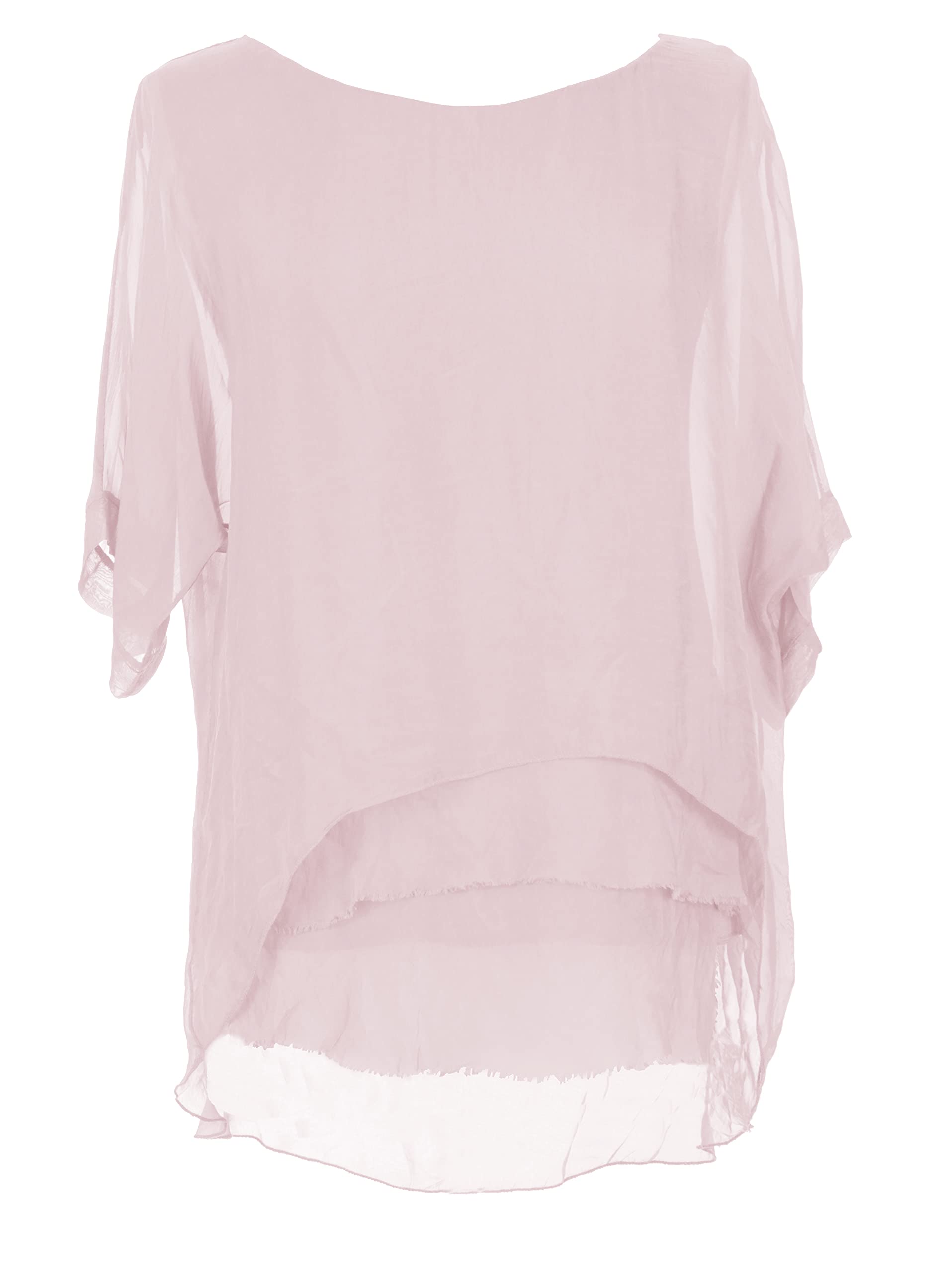 Texture Women's Light Pink Italian Lagenlook Short Sleeve Frill Frayed Hem Silk Tunic Top Blouse One Size (As8, Alpha, One_size, Regular, Regular, )