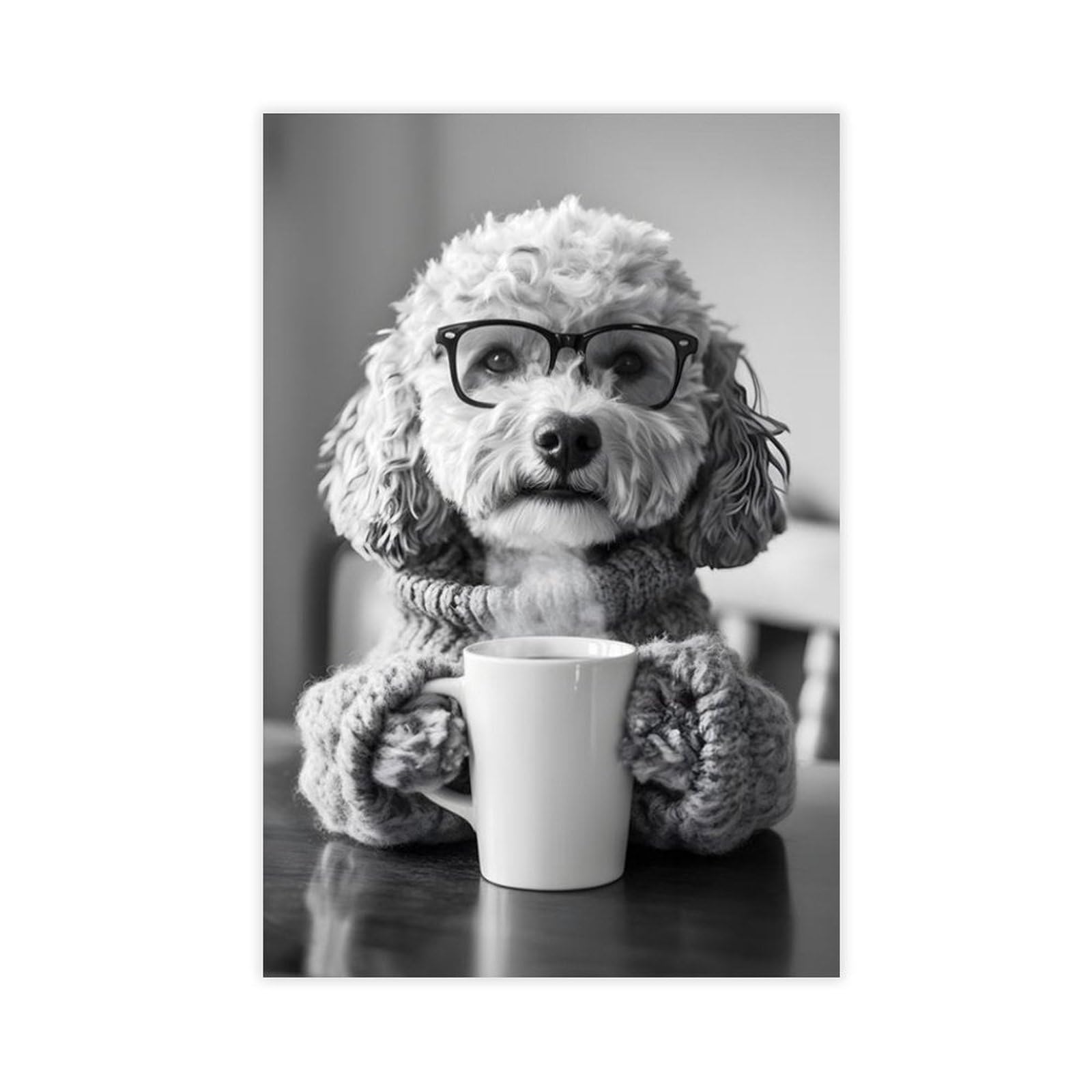 Bncedjk Cockapoo Dog Drinking Coffee & Wearing Glasses Canvas Poster Bedroom Decor Landscape Decor Gift 12X18inch(30X45cm)