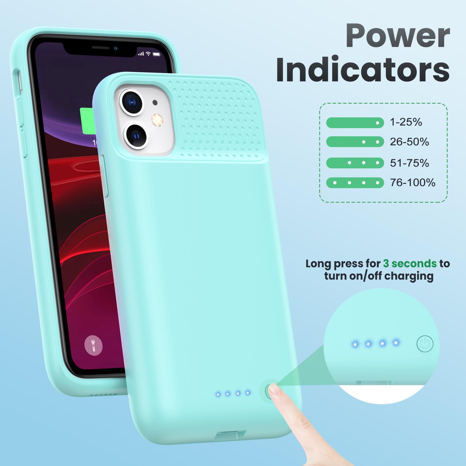 Feob Akkuhülle für iPhone 11/ XR (6,1"), 7500mAh 15W Powerbank Hülle Zusatzakku Akku Case Akku Ladehülle Handyhülle Akku Battery Case Akku Hülle für iPhone 11/ XR (6,1") Charger Case-Grün