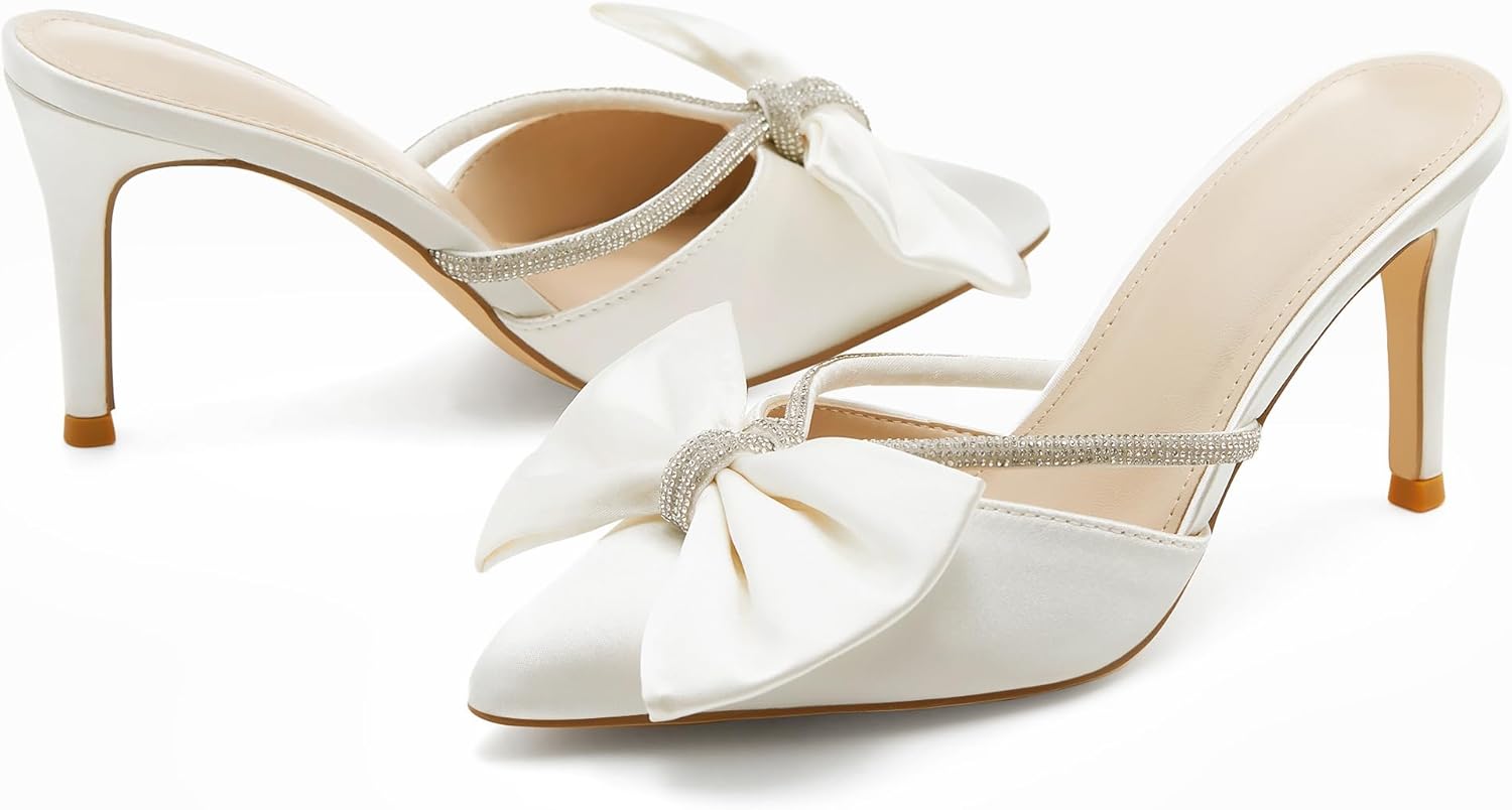 Coutgo Womens Bow Heels Mules Pointed Closed Toe Sandals Rhinestone Satin Backless Wedding Shoes - Image 6