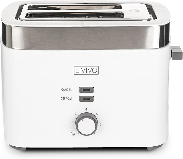 LIVIVO Sirius 2 Slice Toaster Glossy With Silver Chrome Finish & Wide Slots - 7 Browning Bread Toast Settings - Reheat Defrost & Cancel Functions Detachable Slide On Crumb Tray 930w (White)