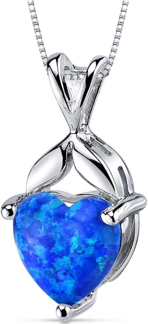 PEORA Created Blue Opal Heart Necklace in Sterling Silver, Designer Solitaire, 2.50 Carats with 18 inch Chain, October Birthstone Necklace, Fire Opal Necklace, For Jewelry Gift & Everyday Wear