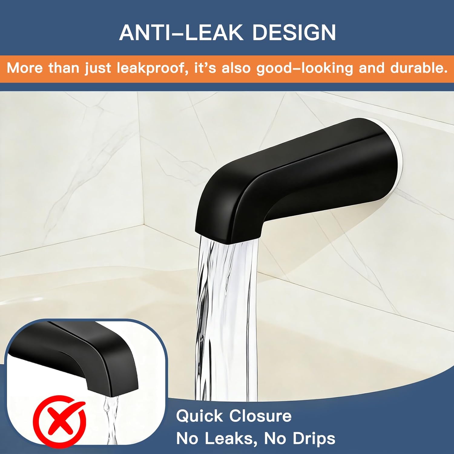 Matte Black Bathtub Spout Without Diverter, All Metal,5.3 Inch Tub Spout, Fits 1/2" Copper Slip-On and 1/2" or 3/4" IPS Threaded Pipes, Leak-Free, Slip Fit Tub Spout Without Diverter