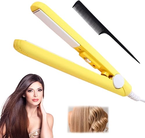 Werdeny - Mini rizador de pelo, mini rizador de cerámica 2 en 1 y alisador de pelo, mini rizador de cerámica para cabello corto (amarillo)