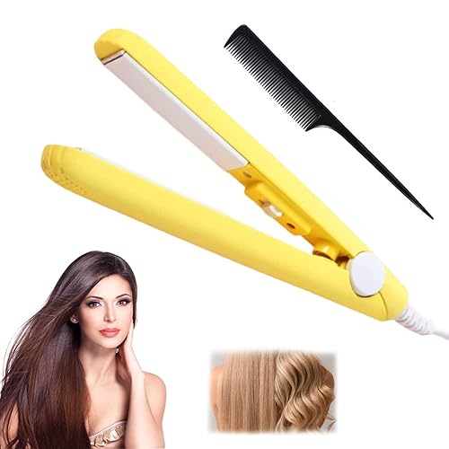 Werdeny - Mini rizador de pelo, mini rizador de cerámica 2 en 1 y alisador de pelo, mini rizador de cerámica para cabello corto (amarillo)