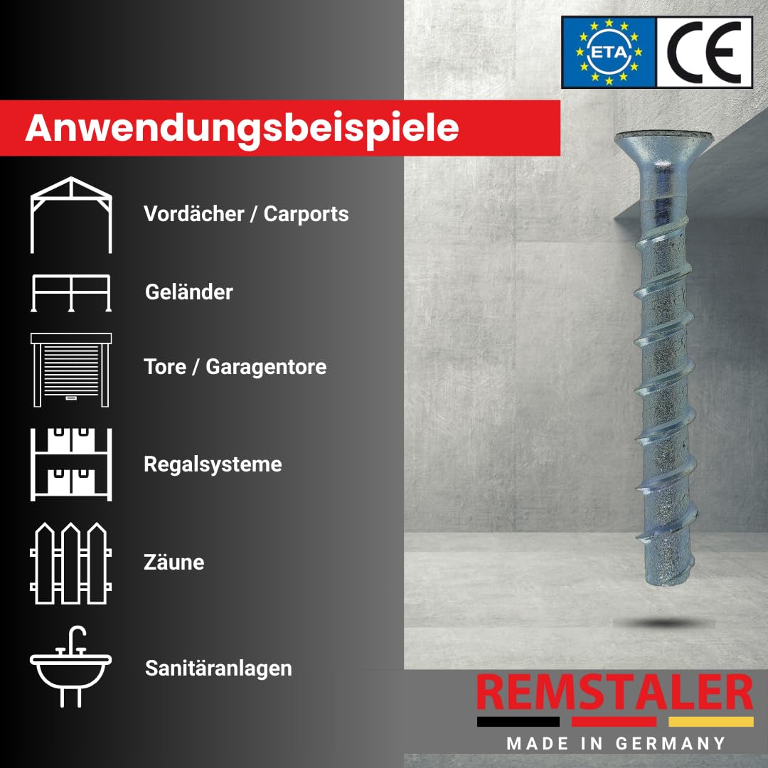 100x Remstaler BETONSCHRAUBE Senkkopf mit Torx-Antrieb | STAHL VERZINKT | ETA Zulassung | made in GERMANY | Schraubanker (6x80)