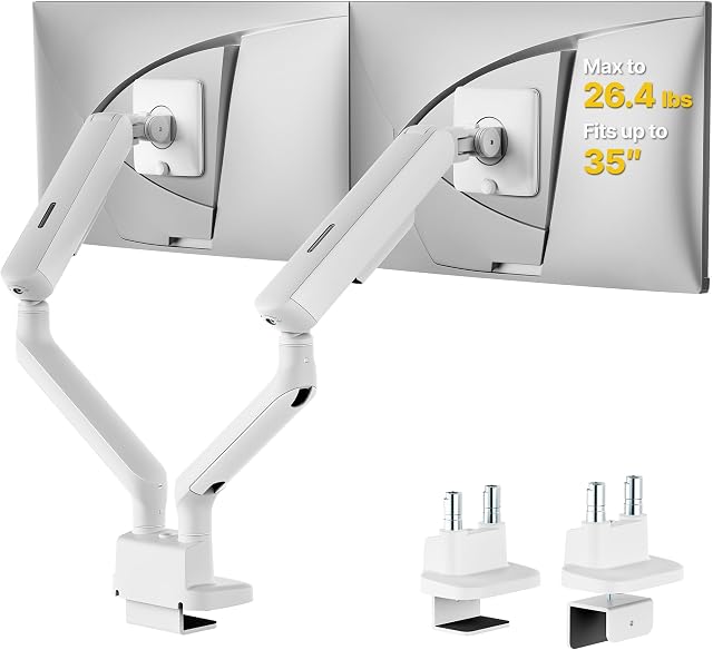 monTEK Dual Monitor Arm, Mechanical Spring Monitor Arm for 17-35" Screens, Adjustable Monitor Desk Mount Each Holds up to 26.4 lbs with C Clamp/Grommet Desk Mount, VESA 75/100mm, MA1011WH-D