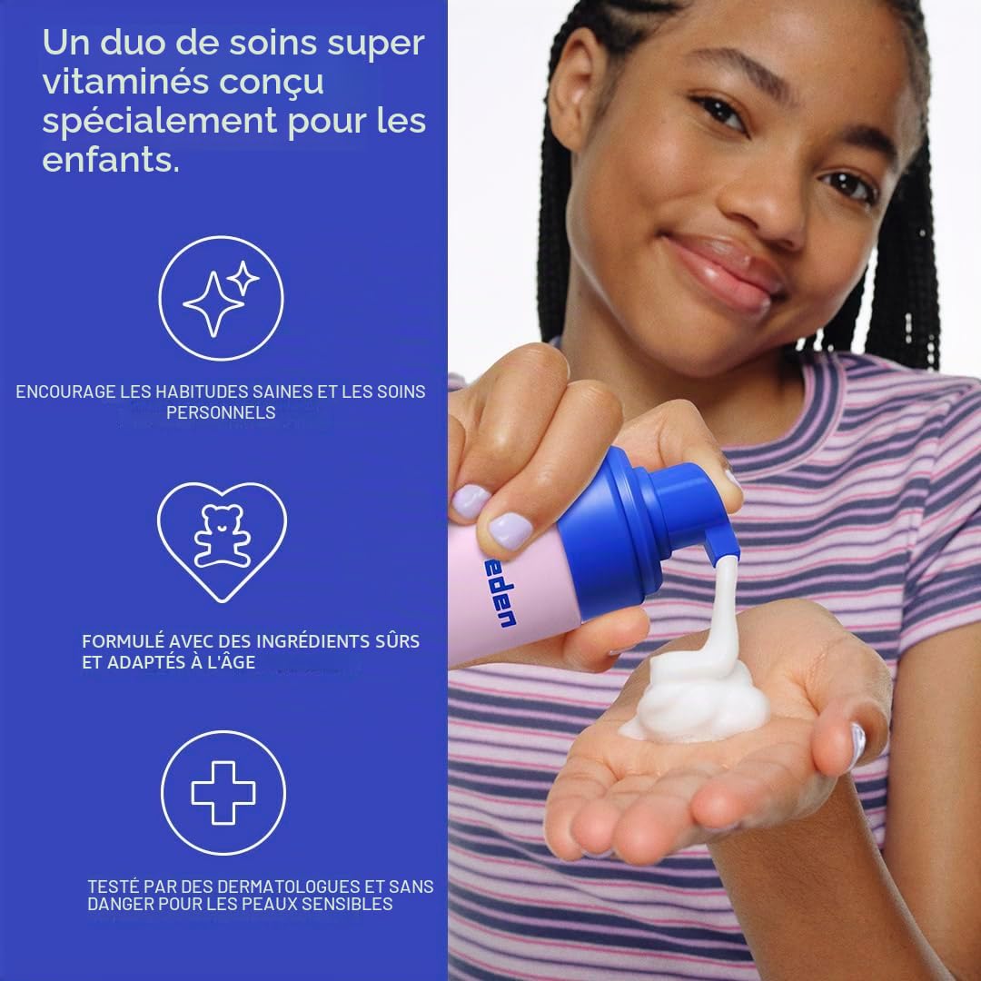 Evereden Kids Happy Face Duo (Cool Peach) – Ensemble nettoyant visage multi-vitamines pour enfants et crème pour le visage pour enfants – Soin de la peau propre et végétalien pour enfants de 3 ans et