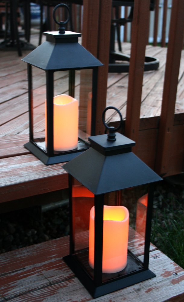 Black Lanterns Decorative - Set of 2 Lanterns with LED Candles Each Lantern with a 4-Hour Timer - 13" H
