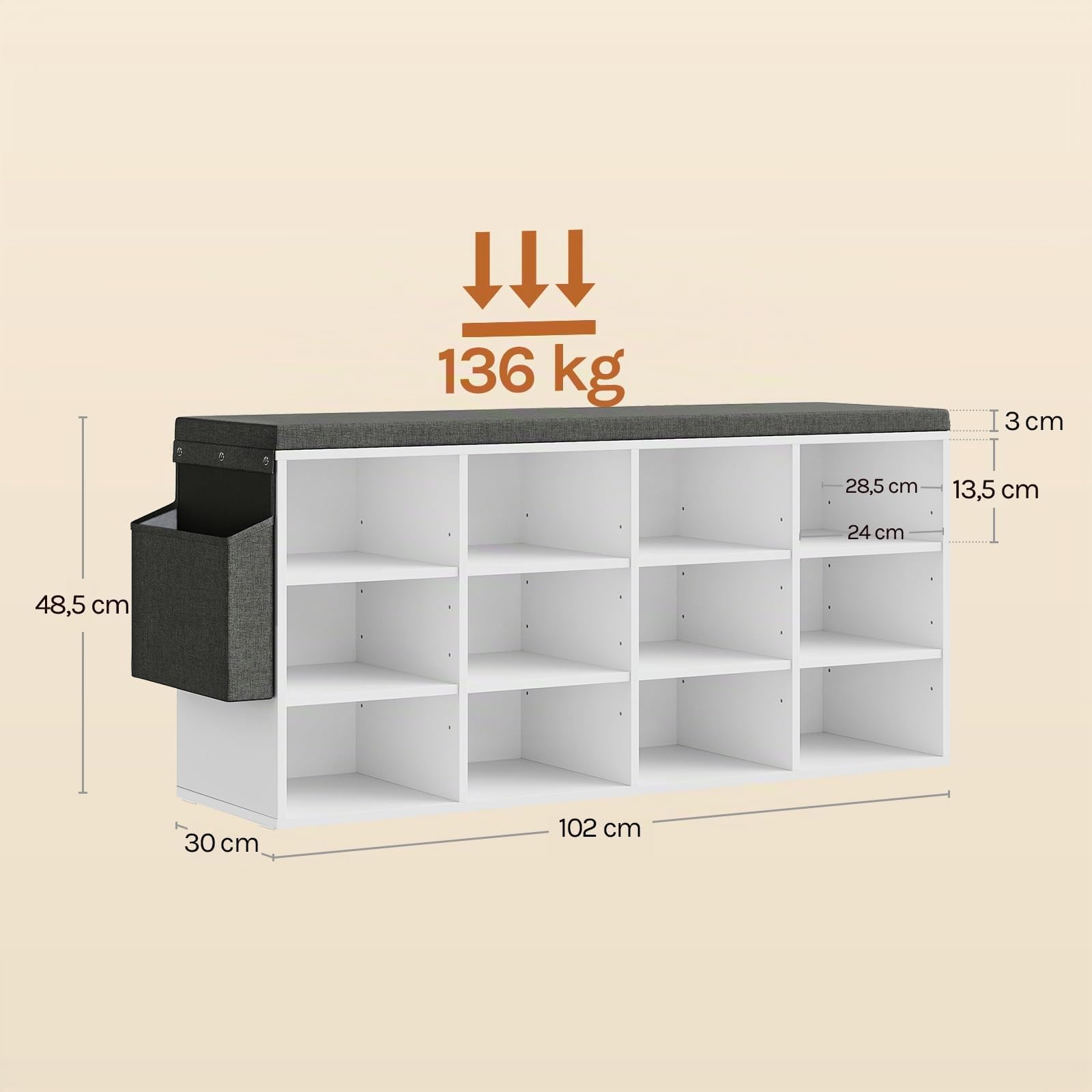 WOLTU Banc de Rangement à Chaussures, Meuble d’Entrée pour Chaussures, Étagère Autoportante à 12 Compartiments en Panneau Aggloméré avec Coussin en Tissu Gris, Blanc, 102x30x48,5 cm