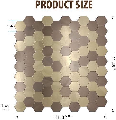 Miniatura 2 de YMMXGE Azulejo de pared hexagonal 3D para cocina, baño, sala de estar, adhesivo autoadhesivo de aluminio de 11.4 x 11 x 0.15 pulgadas (10, dorado +