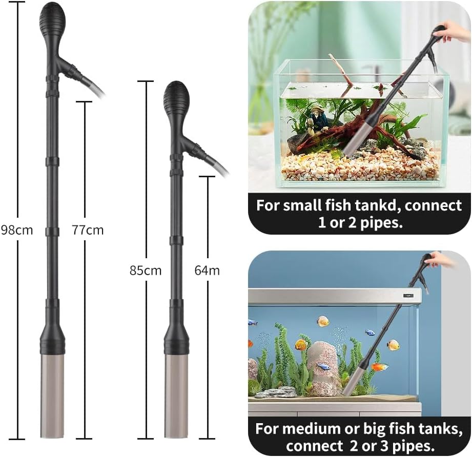 Large Gravel Vacuum for Aquarium, Adjustable Length Manual 256GPH Aquarium Gravel Cleaners, Low Water Level Fish Tank Water Changer with Suction Ball, Use for Fish Tank Cleaning Gravel and Sand