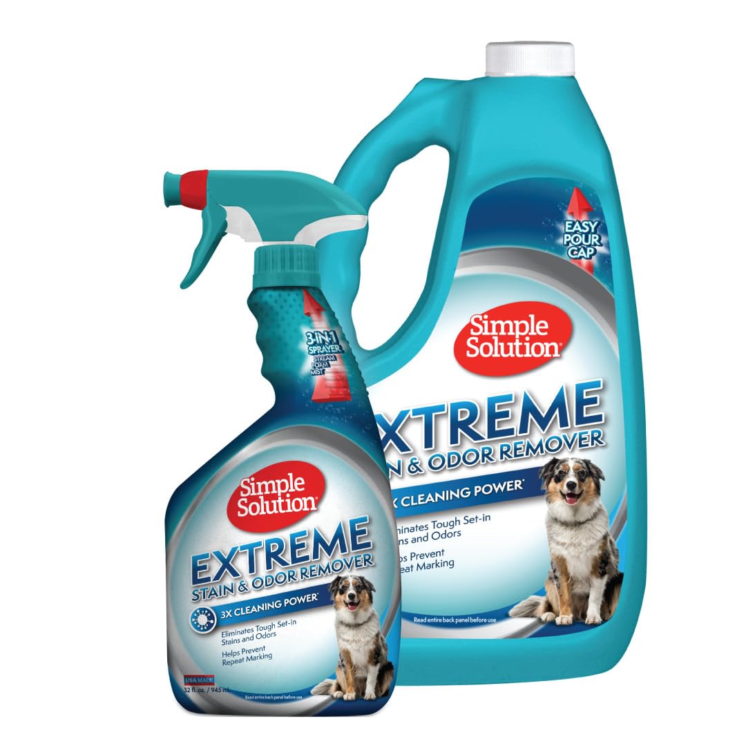 Simple Solution Extreme Pet Stain and Odor Eliminator, Enzyme Dog Urine Odor Neutralizer, Pet Carpet Stain Remover, Strong Pet Spray for Pee Cleaner Spot Treatment, Rug Deodorizer, 1 Gallon + 32 oz
