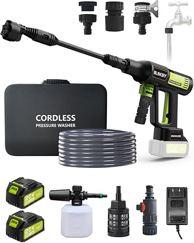 Lavadora a presión inalámbrica portátil, 2 baterías, 1200 PSI sin escobillas con boquilla 6 en 1, cañón de espuma ajustable, pantalla táctil LCD