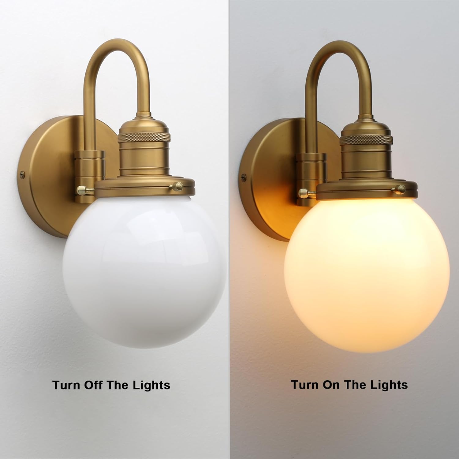 Yosoan Brass Boho Wall Sconce with Milk Round Glass, 1-Light Indoor Hardwired Vanity Modern Luxury Vintage with Globe Shade Retro Gooseneck Curved Rod Fixture for Bathroom Bedside Kitchen(Antique)