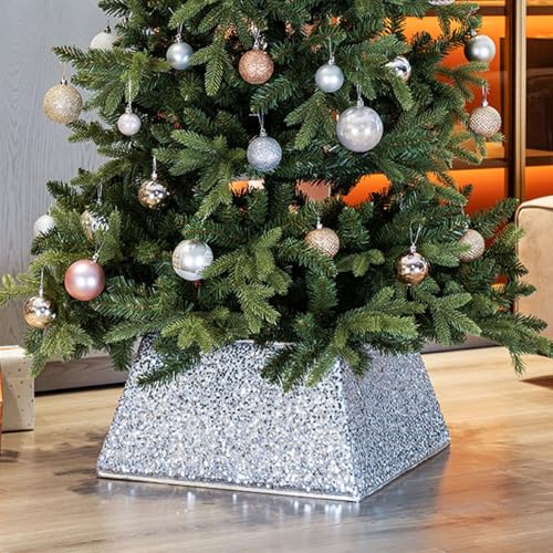 Taylor & Brown Dazzling Sequin Square Christmas Tree Skirt Stand Base Xmas Natural Folding Collar Basket Cover Decoration Tidy Home Decor 48 x 48 x 25cm (Silver)