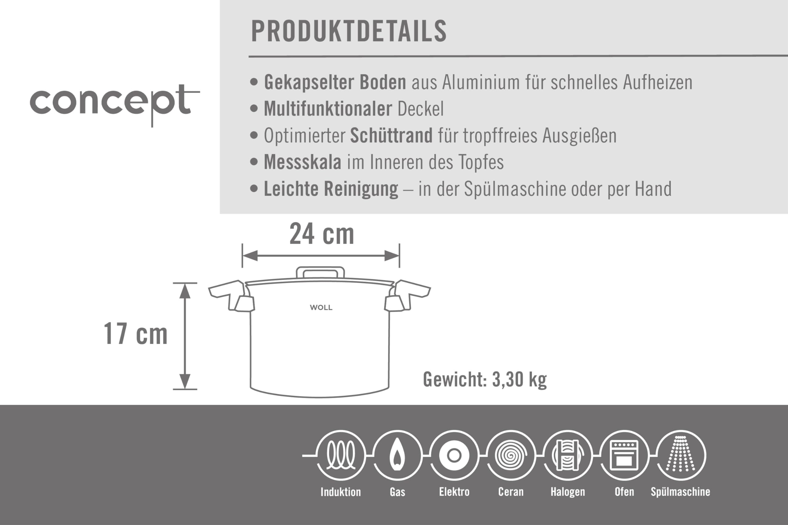 Woll Concept hoher Kochtopf mit Deckel - Induktiv -, Ø 24 cm, 17 cm hoch, 7,6l - Geeignet für alle Herdarten, Edelstahl, backofenfest bis zu 200°, silber