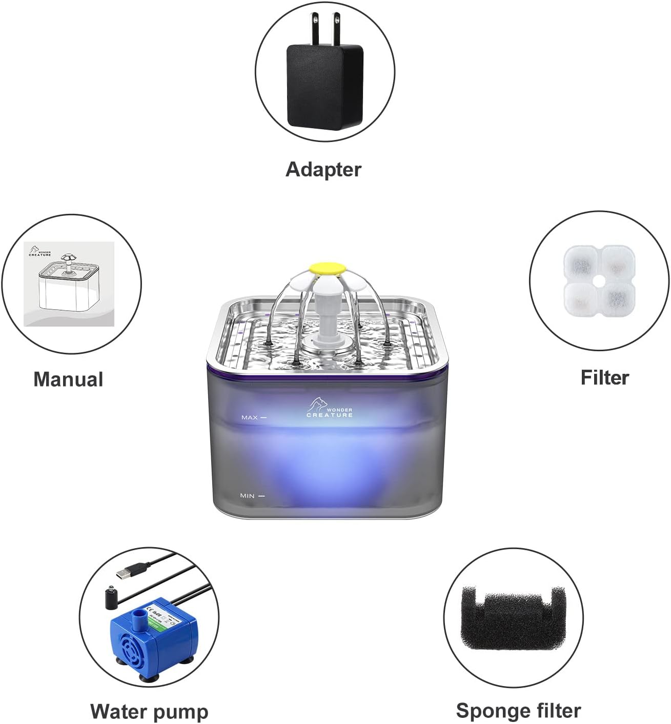 Crystal Cat Water Fountain Stainless Steel, 100oz/3L Pet Fountain with LED Light for Cats and Dogs (Grey) : Pet Supplies