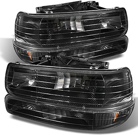 Amazon 4ピースコンボ 99 02 Sivlerado 00 06 サバーバン タホ ブラックヘッドライト フロントランプ バンパーシグナルライトペア ヘッドライト本体 車 バイク