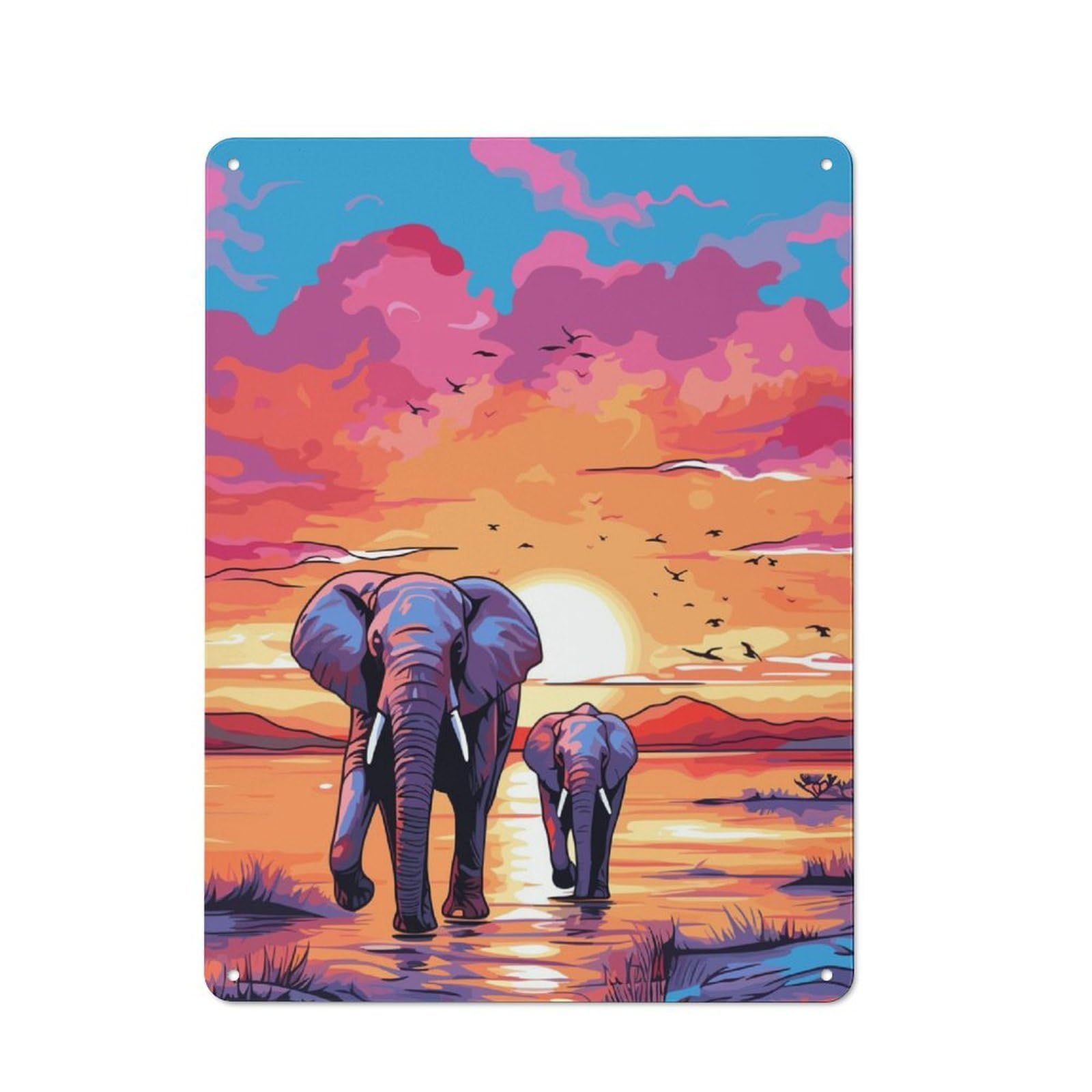 Junmoney Elephants Africa Sunset Workshop Style Tin Sign 40X30cm, Garage Wall Decor For Tool Room, Garage, Studio Or Home Bar