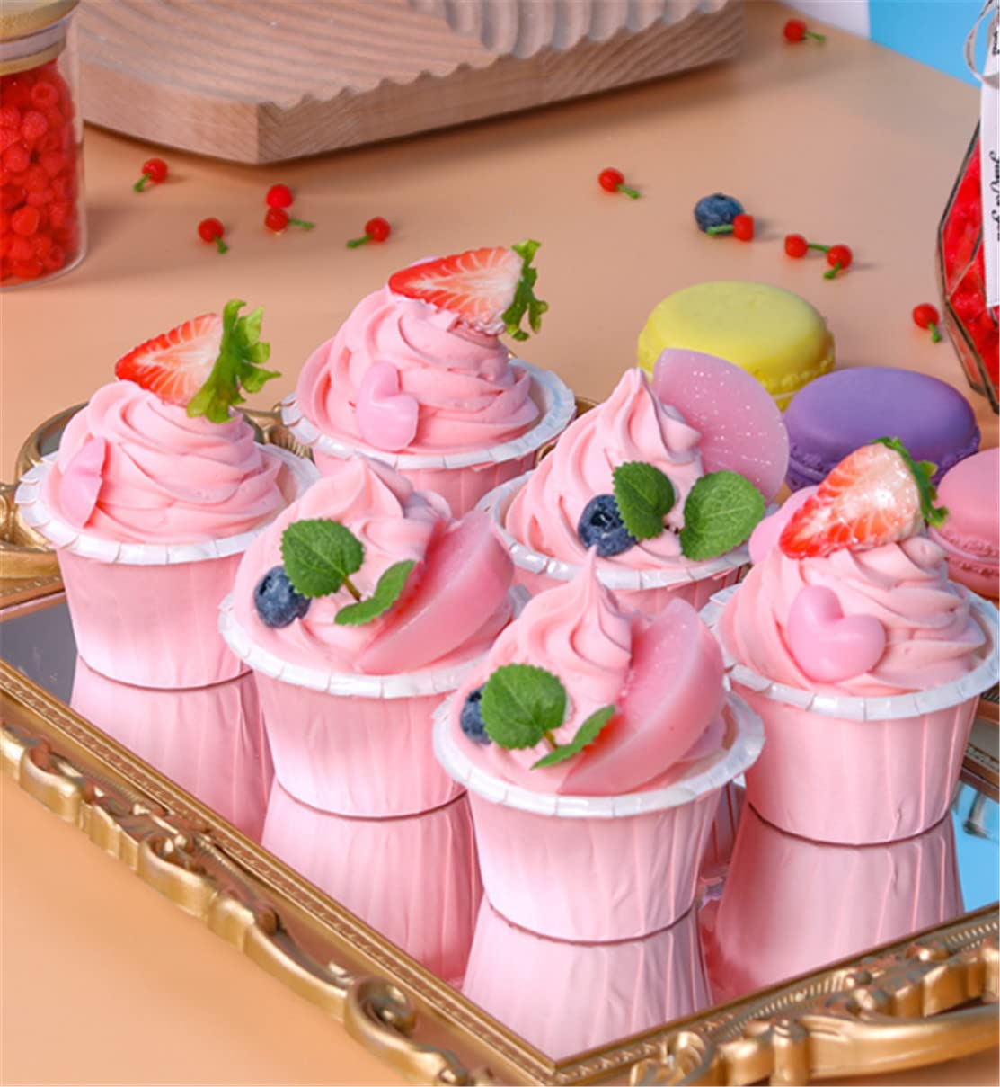 Skyseen4 PCS Realistic Artificial Cupcake Model Fake Cake Model Photography Props Decoration(Pink)