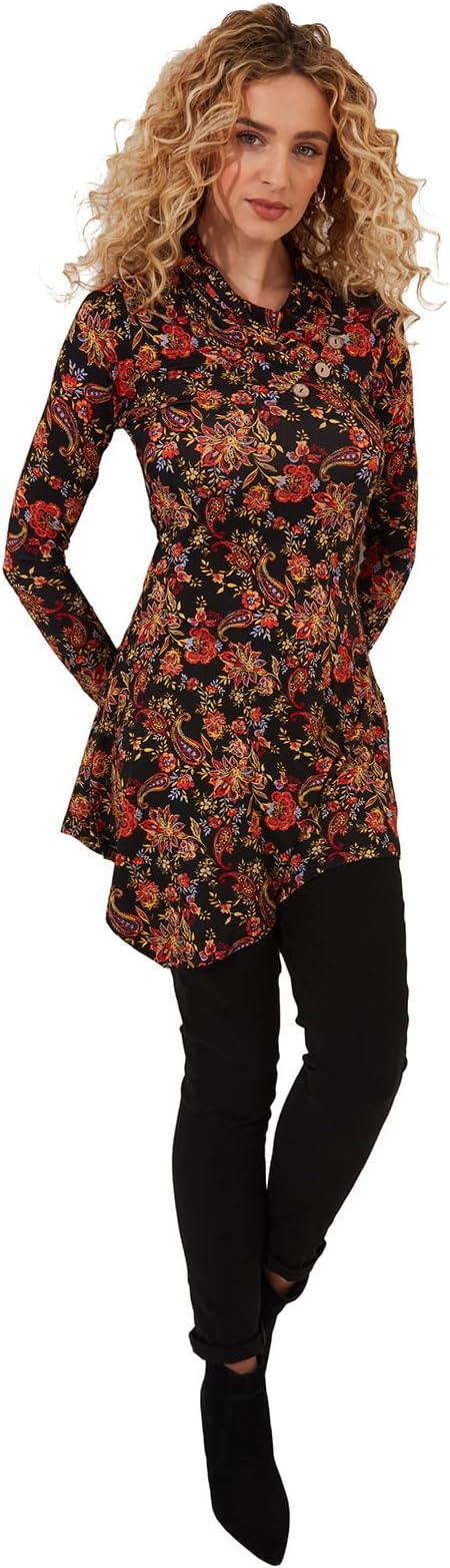 Joe BrownsWomen's Autumnal Floral Pleated Neck Asymmetric Long Sleeve Tunic Top Shirt