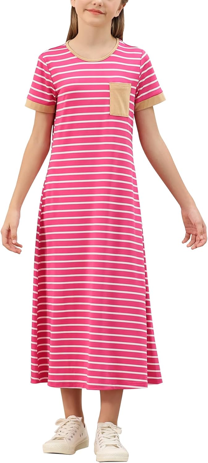 GORLYA Girls Contrast Striped Loose Casual Long Shift Swing Patch Pocket T-Shirt Maxi Dress 6-14Y
