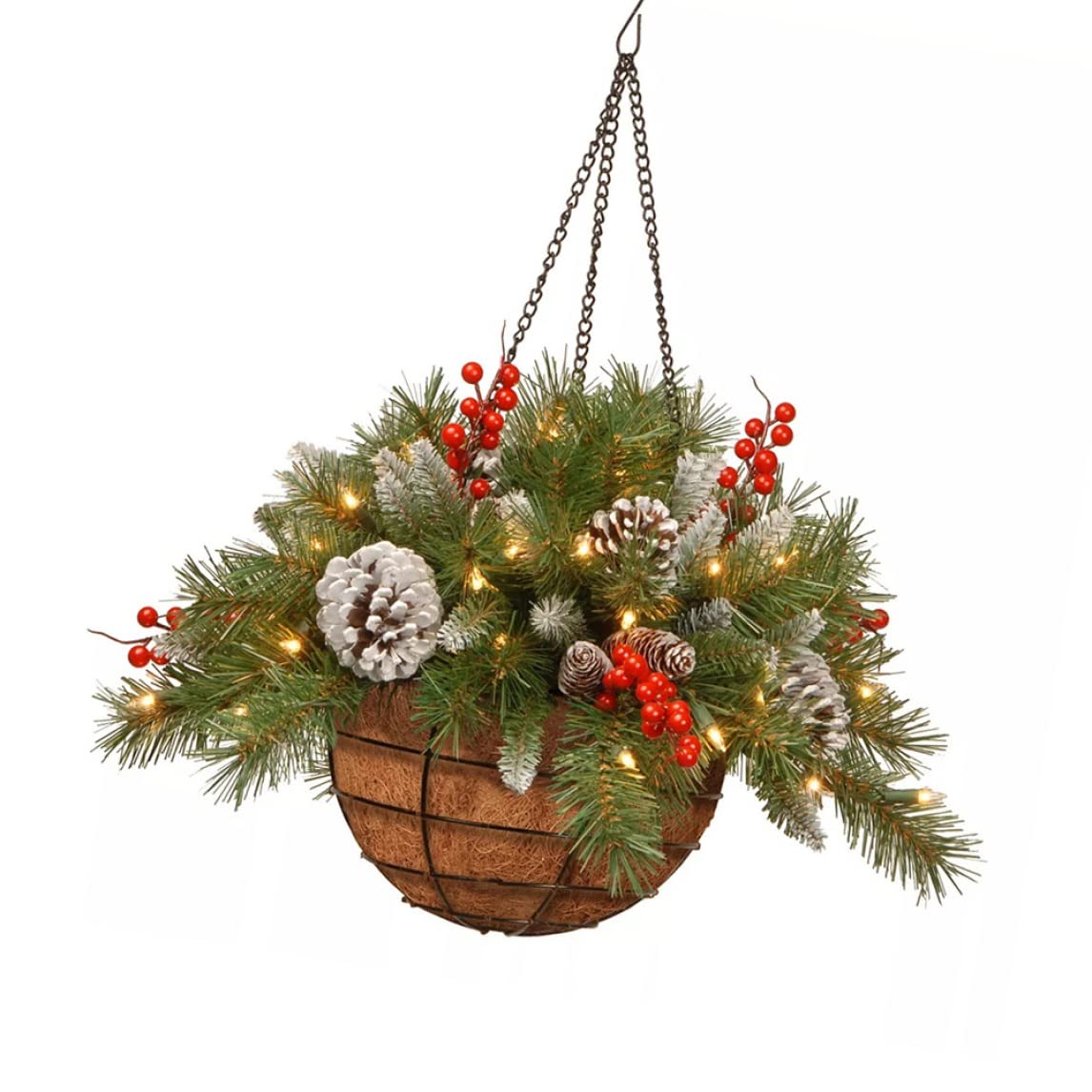 Panier Suspendu de Noël 7, 9 x 17, 7 Pouces, décoration réaliste de Pommes pin givrées artificielles et Baies avec Guirlande Lumineuse pour Mur Porte fenêtre (sans Batterie).