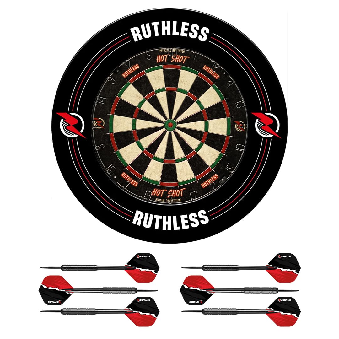 Ruthless | Home Darts Centre | Surround & Hot Shot Dartboard | Includes 2 Sets of Steel Tip Darts.