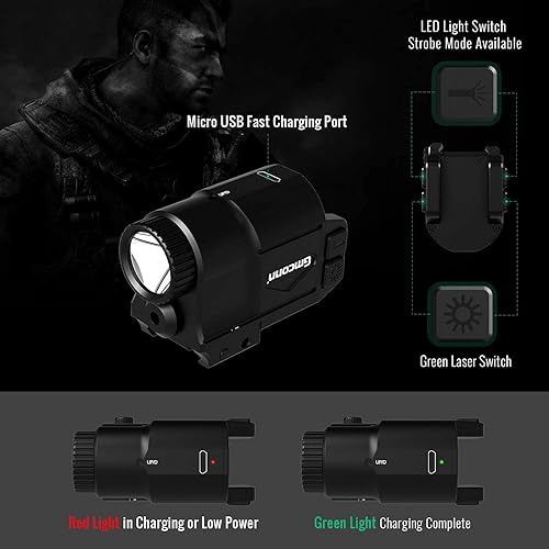 Miniatura 7 de Gmconn Pistola de luz láser pistola de 650 lúmenes con combo de visión láser verde batería recargable USB incorporada negro