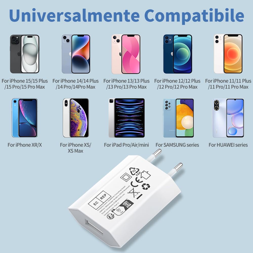 Caricatore for iPhone, Caricabatterie con 4er-Pack Cavo 2M e 5W Presa USB Adatti for iPhone 8 7 6 6S 5 14 13 12 11 Pro Max XR X XS SE Plus Pad, Adattatore USB A Adattatore di Carica Batteria Romalux