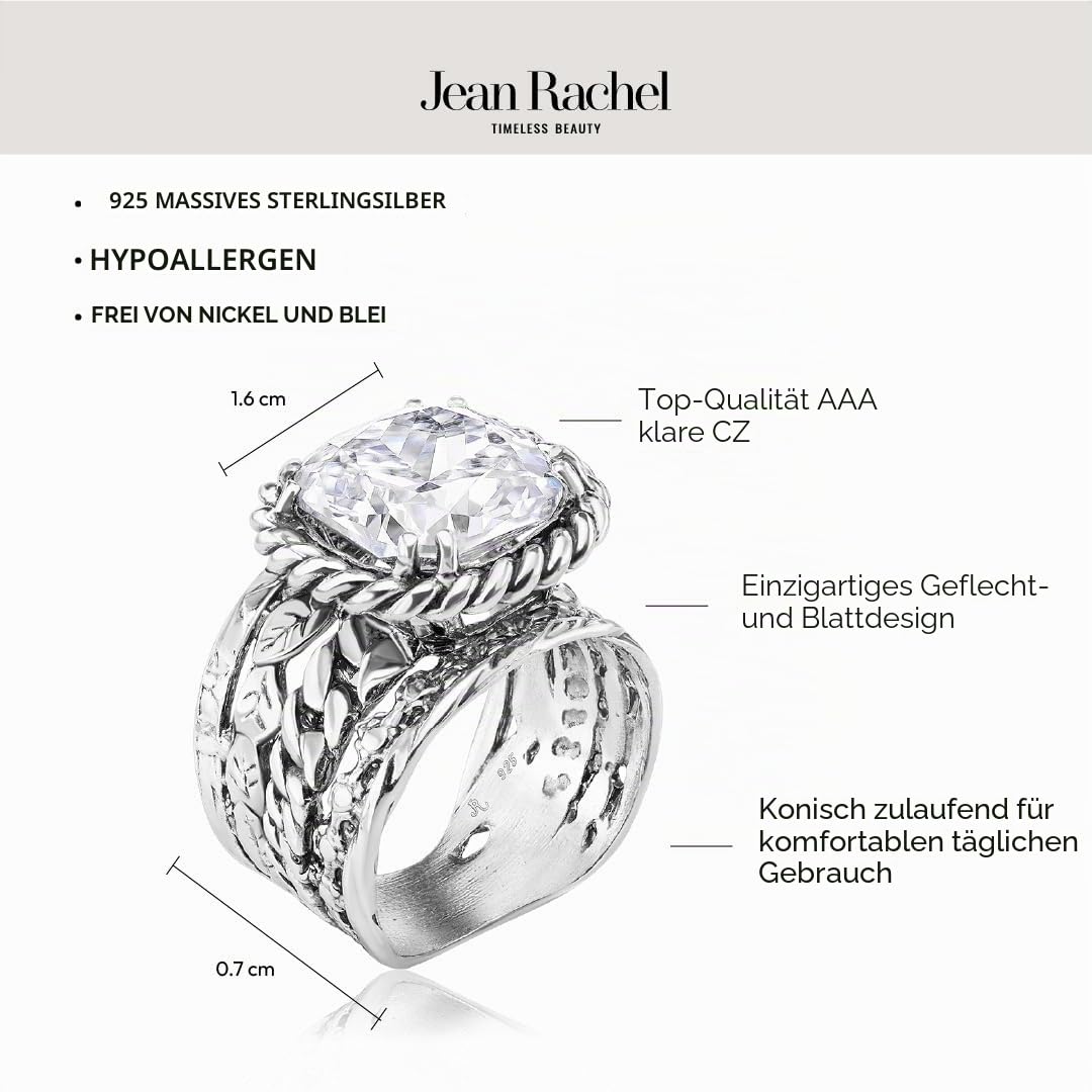 JEAN RACHEL JEWELRY Damenring aus 925er Sterlingsilber, Vintage-Design mit Flecht- und Blattmotiv sowie Zirkonia im Kissenschliff, hypoallergen, nickelfrei, bleifrei, handgefertigter Statement-Schmuck