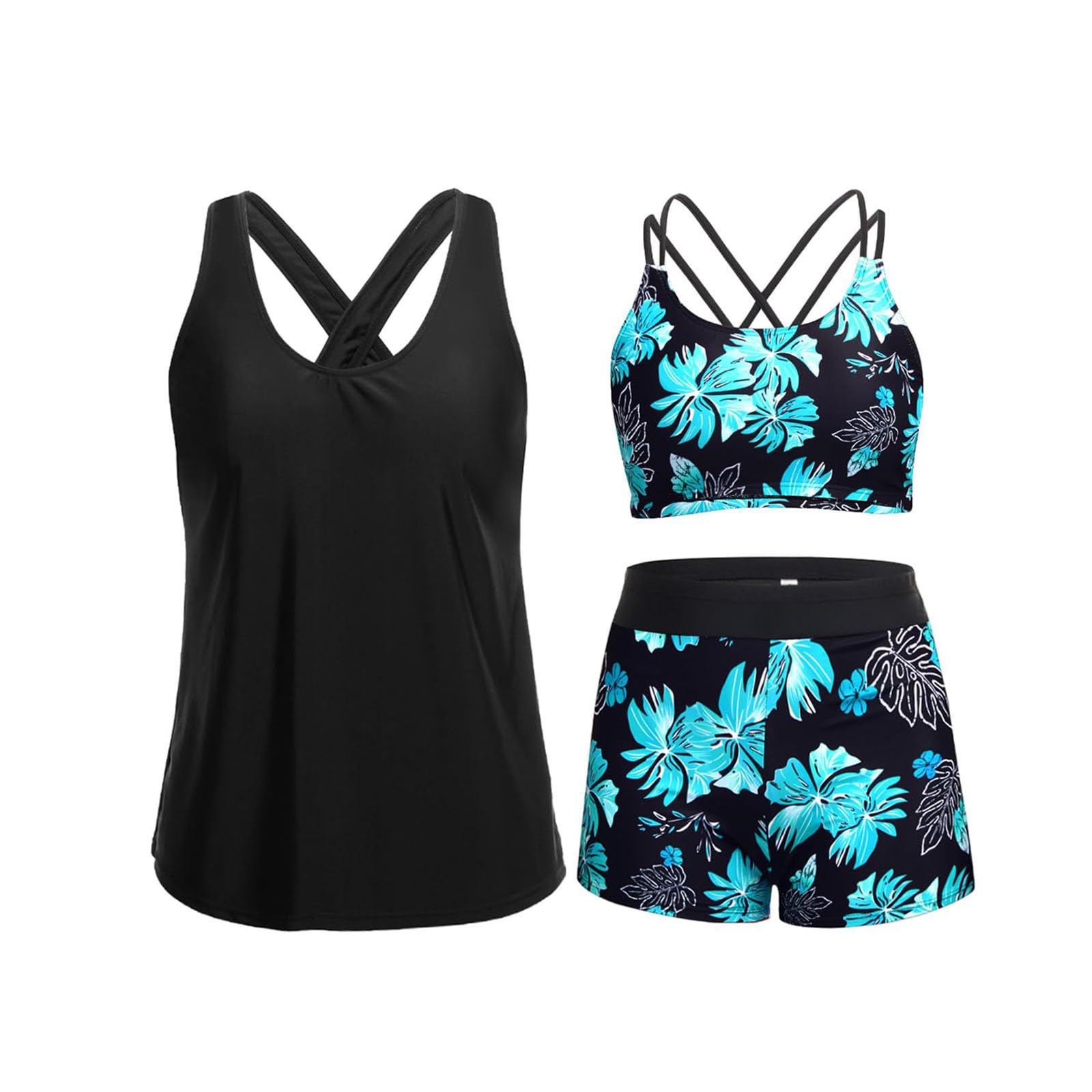 Maillot de Bain Femme 3 Pièces Tankini Haut + Soutien-Gorge + Short Imprimé été Swimsuit pour la Plage et la Piscine