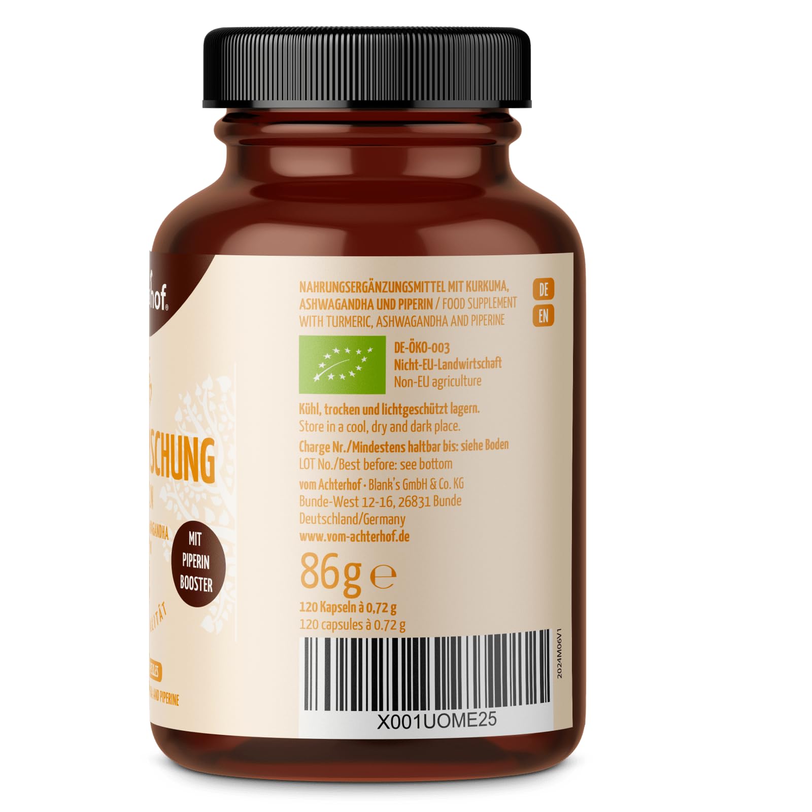 Goldene Mischung Kapseln Bio 120 Stück | mit Kurkumapulver, Ingwerpulver, Ceylon Zimt, Ashwagandhapulver und Schwarzem Pfeffer | das Beste aus der ayurvedischen Lehre | Bio-Qualität | vom Achterhof