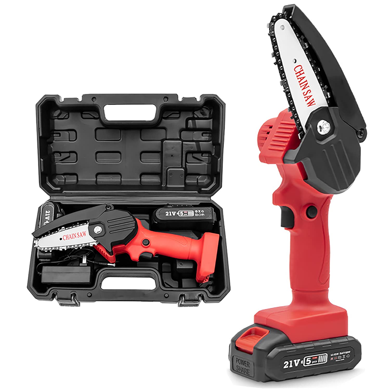 CHENGNAN Cordless Mini Chainsaw Portable Electric Chainsaw 4-Inch 21V with 2 Battery Pruning Shears Chainsaw for Tree Branch Wood Cutting,Black