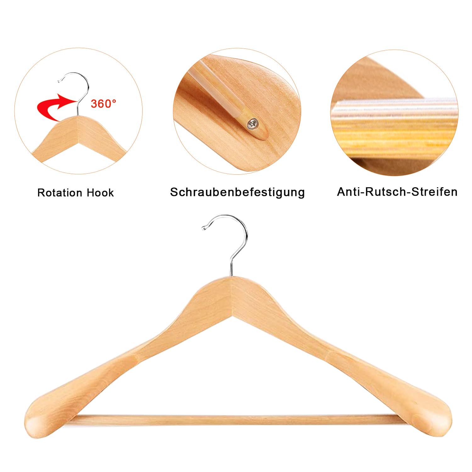 Perchas de madera madera Percha Perchero Percha de El guger Árbol, extra anchos hombro Traje perchas, madera Perchas para abrigos y pantalones, Retro de acabado, color natural, 10 unidades)