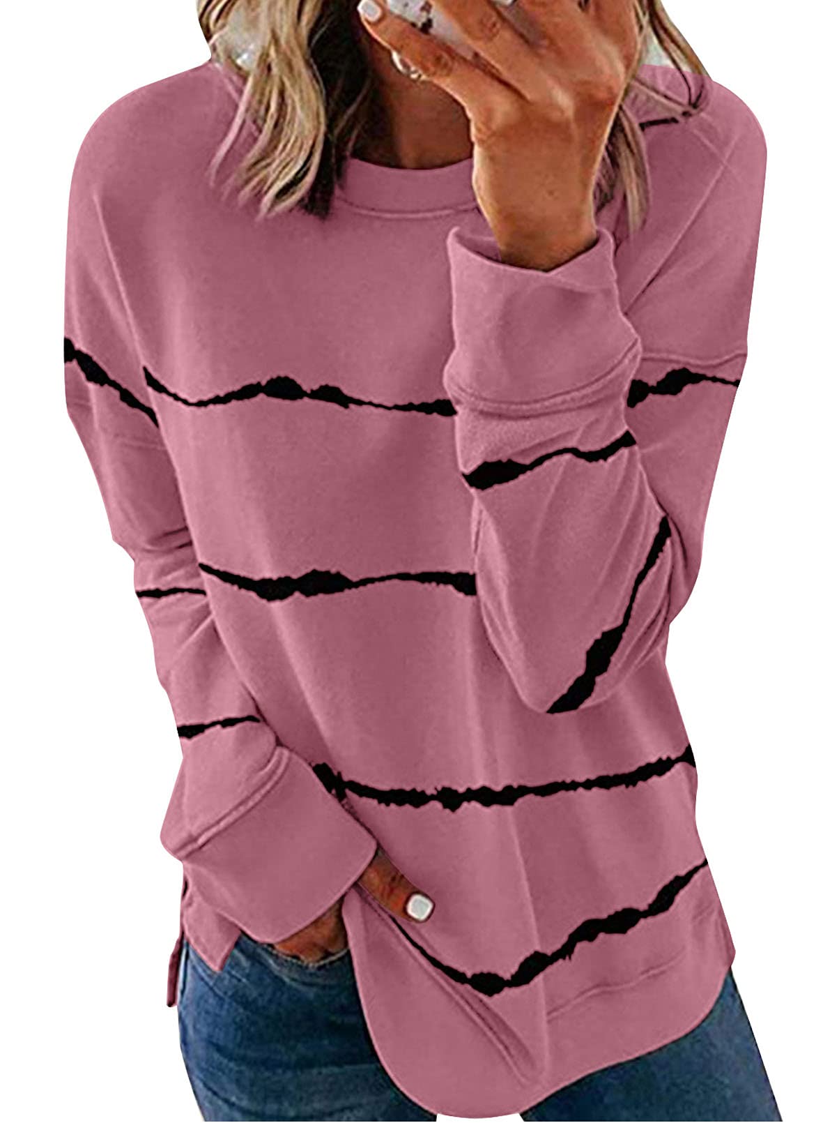 BiuclySHEWIN Womens Casual Long Sleeve Crewneck Sweatshirt Striped Printed Loose Pullover Tops Shirts