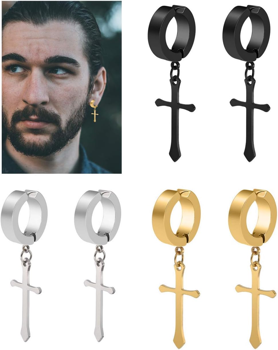 3 Pairs Non-pierced Clip On Cross Dangle Hoop Earrings Set Stainless Steel Ear Jewelry for Men Women - Image 2
