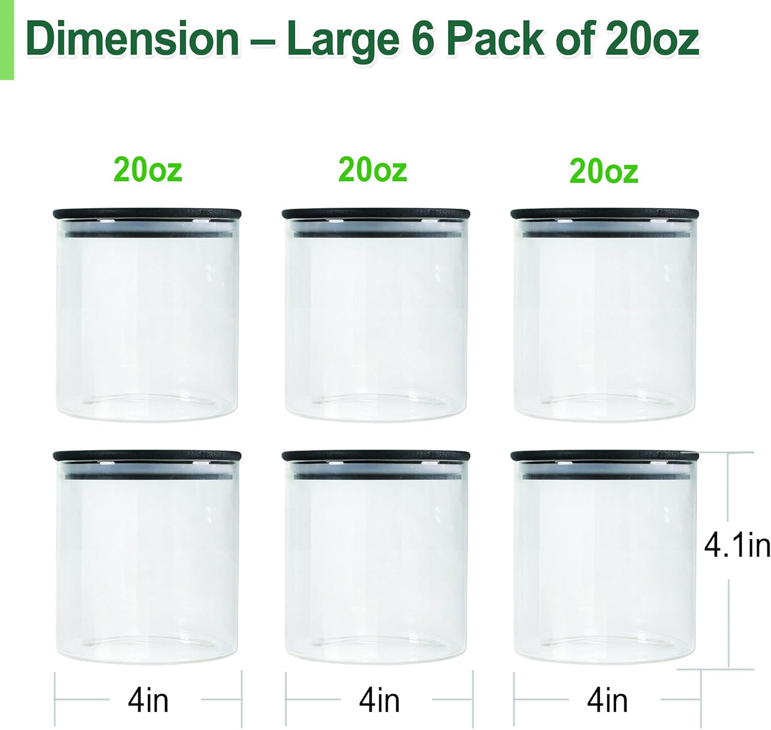 Urban Green Glass Jars with Airtight Black Lids, Food Storage Container with Airtight Lids, Glass Canisters Sets, Kitchen Food Storage Containers (6 Sets of 20oz) - Image 3