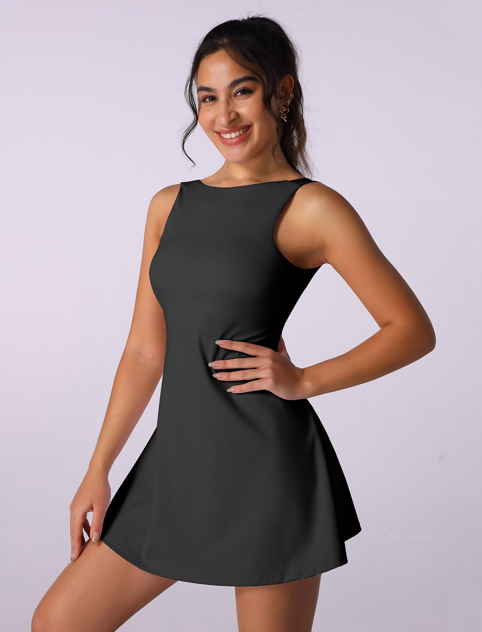 IMEKIS Abito da tennis da donna, senza maniche, con schiena scoperta, mini golf, sport, con pantaloncini integrati e tasca per reggiseno, linea ad A, per esercizi estivi, allenamento, abbigliamento