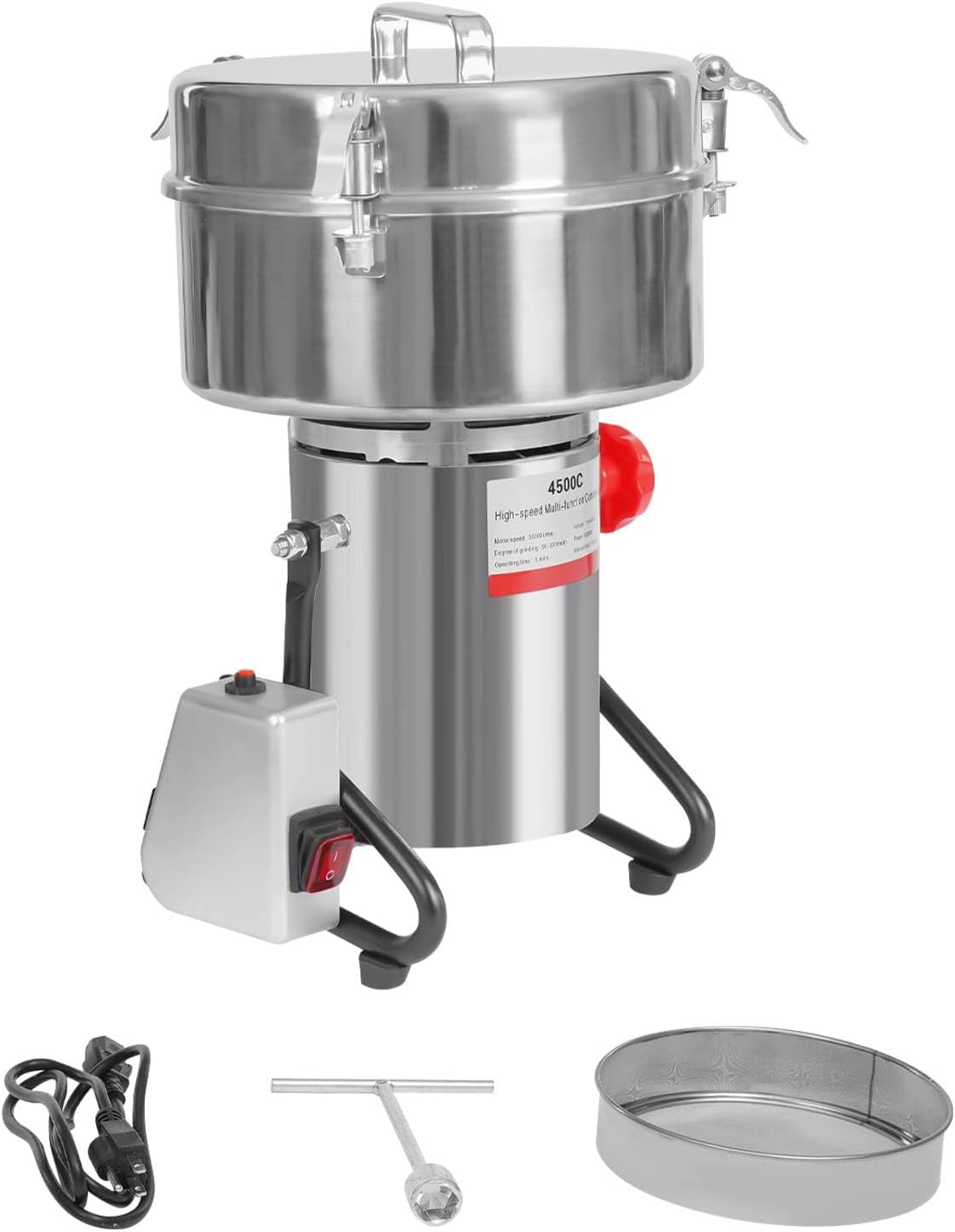 Electric Grain Grinder Mill, Commercial High-Speed Dry Food Grinder with Timer & 180°Tilt, 5000W, 30000 RPM, Stainless Steel Grain Grinding Machine for Herb Spice Coffee Beans