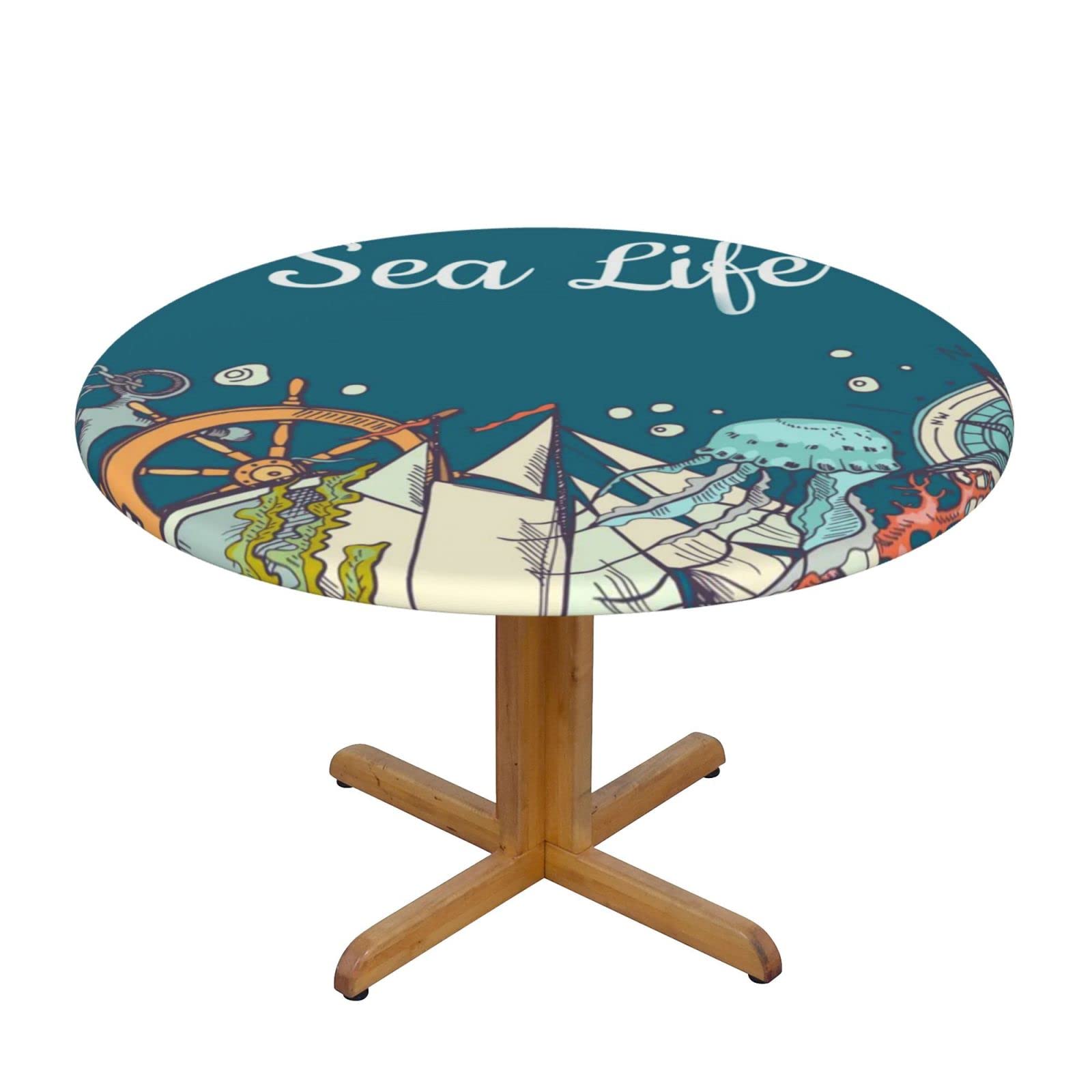 Lsjuee Round Fitted Tablecloth 40-44in Elastic Edged Table Cloth for Kitchen Dining Party Home Decor - Ocean Romantic Style Life Blue