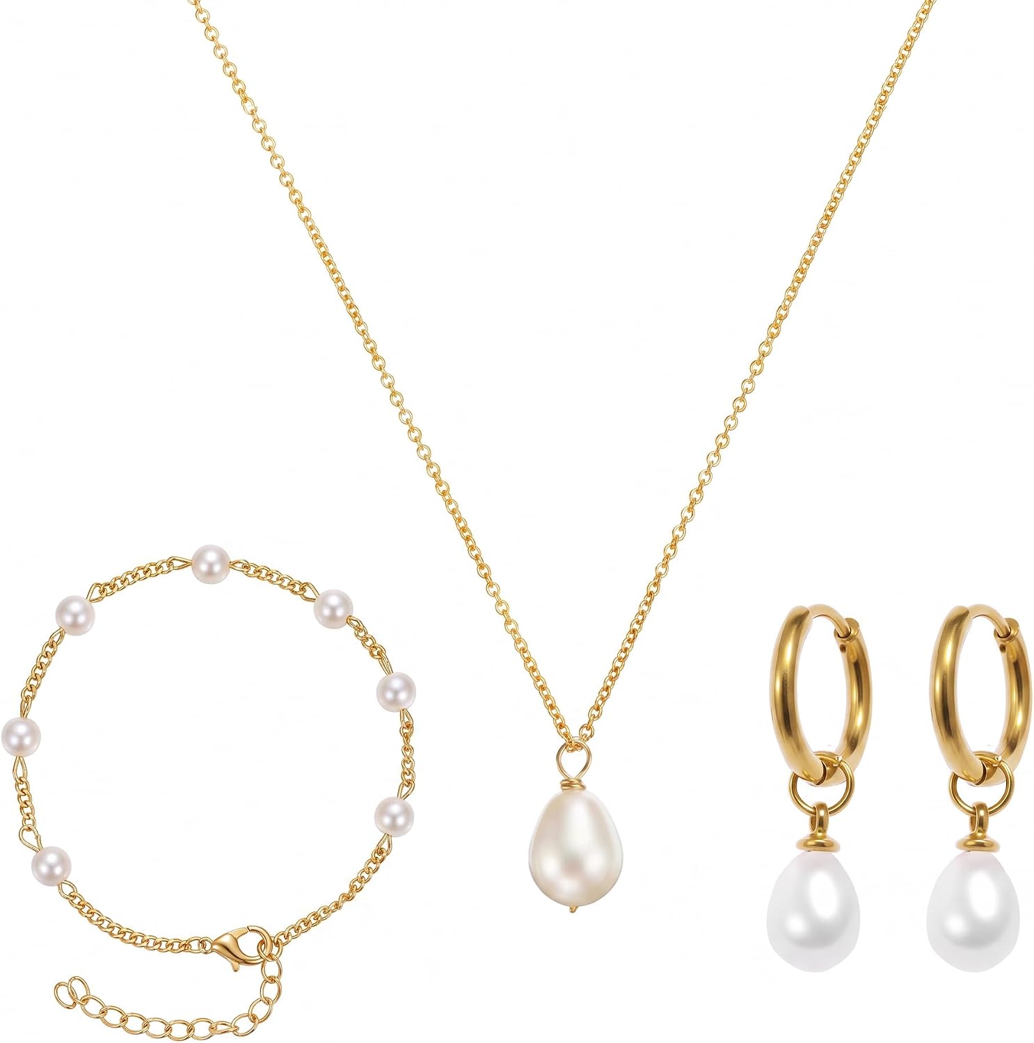 3 Pcs Gold-Tone Faux Pearl Necklace and Earring Set Bracelet
