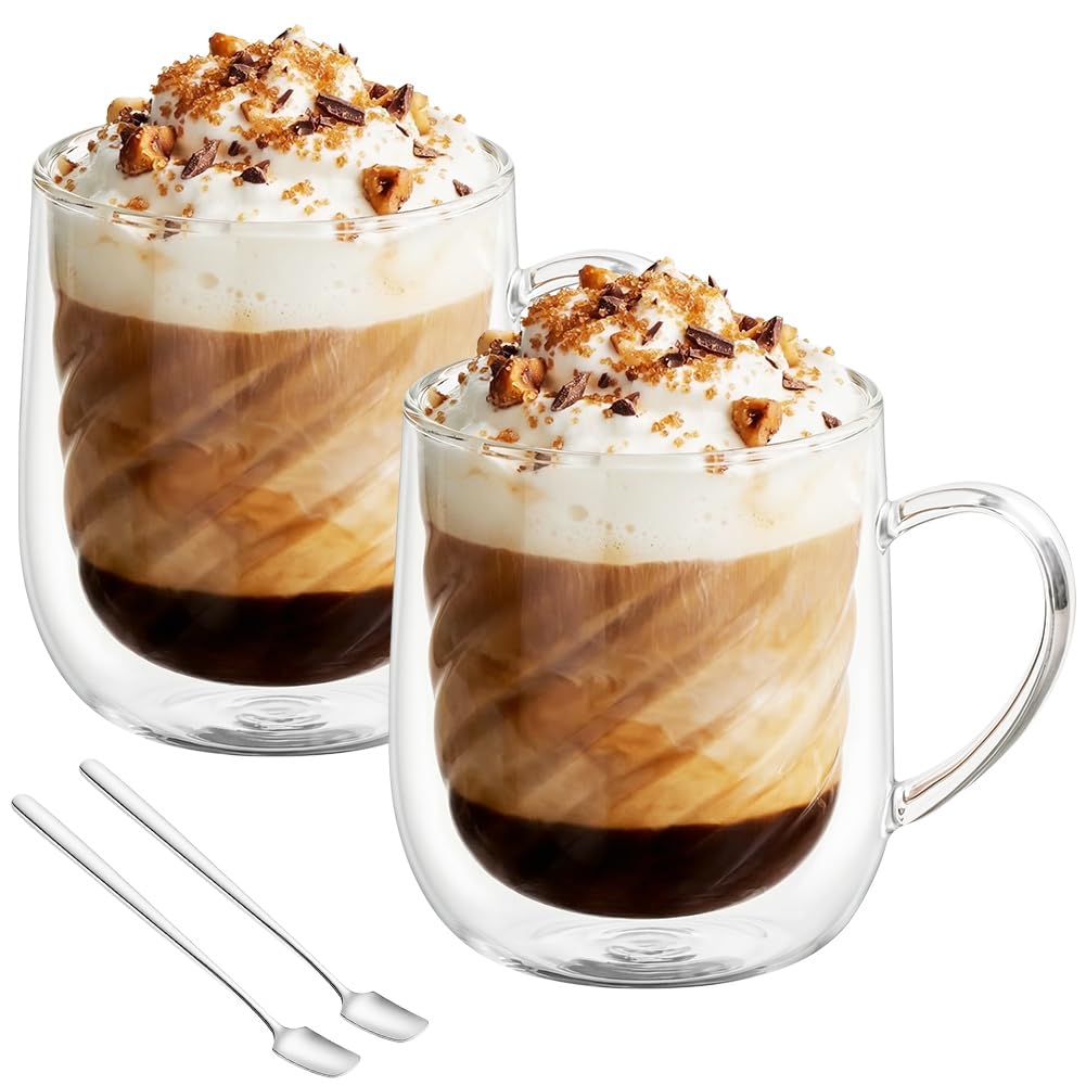 AOOTE Double Walled Glass Mugs, 2PCS Double Walled Coffee Glasses, 350ML Borosilicate Heat Resistant Glass Cups with Handles and Spoons, Cappuccino Latte Glasses Cups for Coffee Milk Juice Ice Cream
