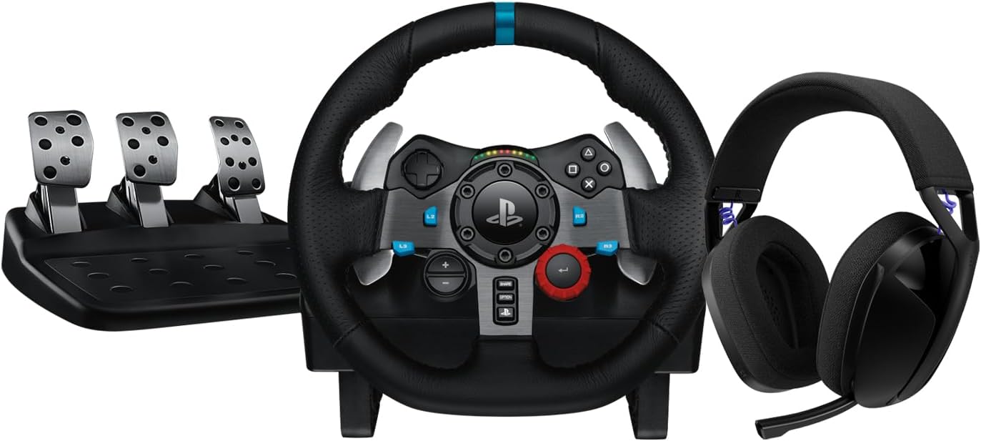 Logitech G G29 Driving Force Racing Wheel,Floor Pedals,Real Force Feedback,Stainless Steel Paddle Shifters + G321 LIGHTSPEED Wireless Bluetooth Gaming Headset,PC,PS4, PS5,Nintendo Switch,Mobile -Black