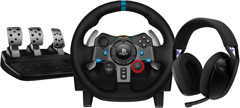 Logitech G G29 Driving Force Racing Wheel,Floor Pedals,Real Force Feedback,Stainless Steel Paddle Shifters + G321 LIGHTSPEED Wireless Bluetooth Gaming Headset,PC,PS4, PS5,Nintendo Switch,Mobile -Black