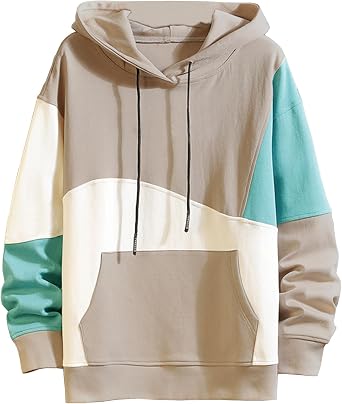 Contrast Color Pullover Hoodie Mens Casual Long Sleeve Patchwork Hooded Sweatshirt Men