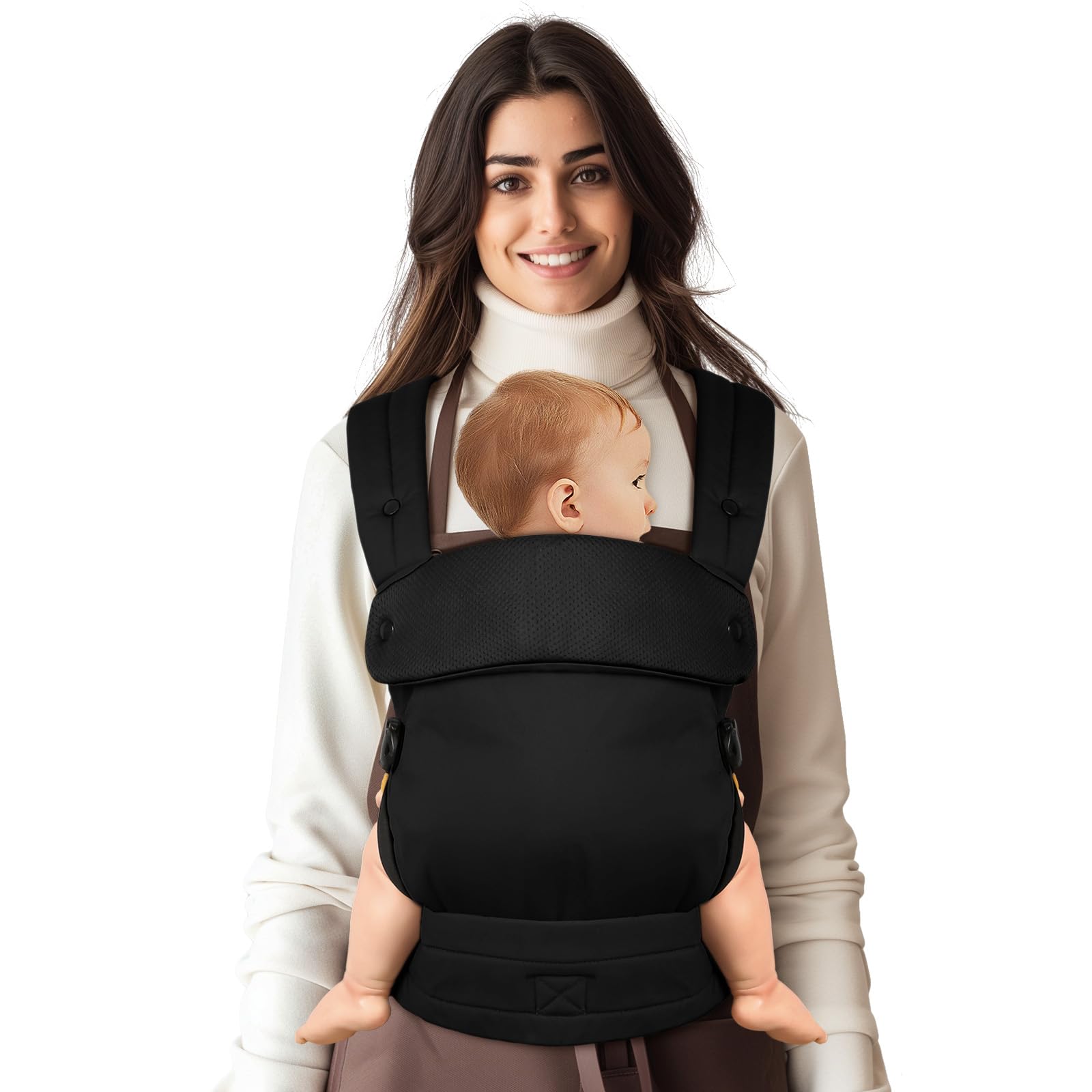Tuocal Babytrage für Neugeborene bis Kleinkinder, Ergonomische Bequeme und Leichte Tragetuch, Verstellbare Kopf- und Nackenstütze, Verbesserte Lendenwirbelstütze für Babys 4-20 kg 3-36 Monate, Schwarz