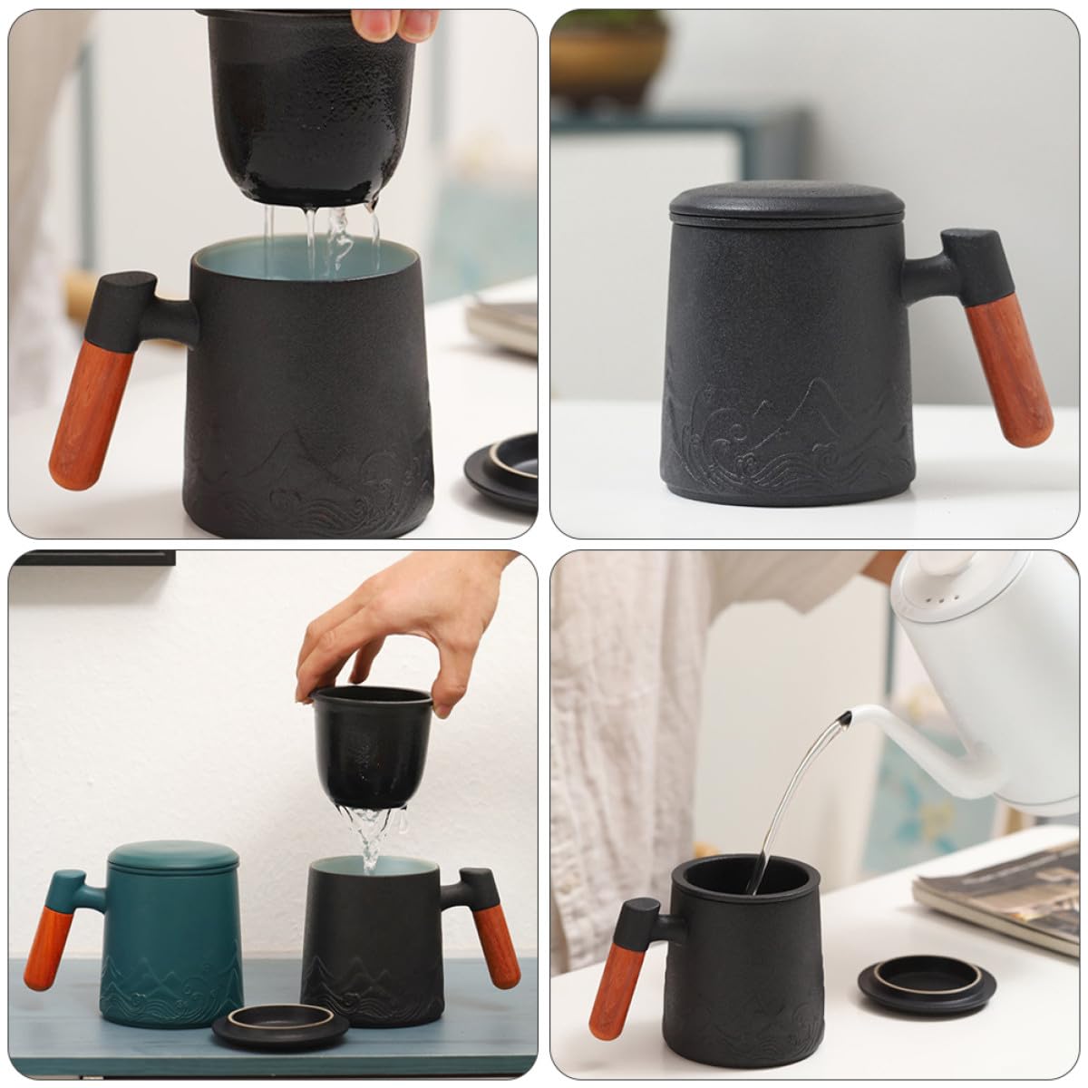 Mug en Céramique 400 Ml avec Anse en Bois et Couvercle, Tasse à Thé avec Infuseur Intégré, Mug à Café Lait pour Bureau et Maison, pour Infusion et Boissons Chaudes